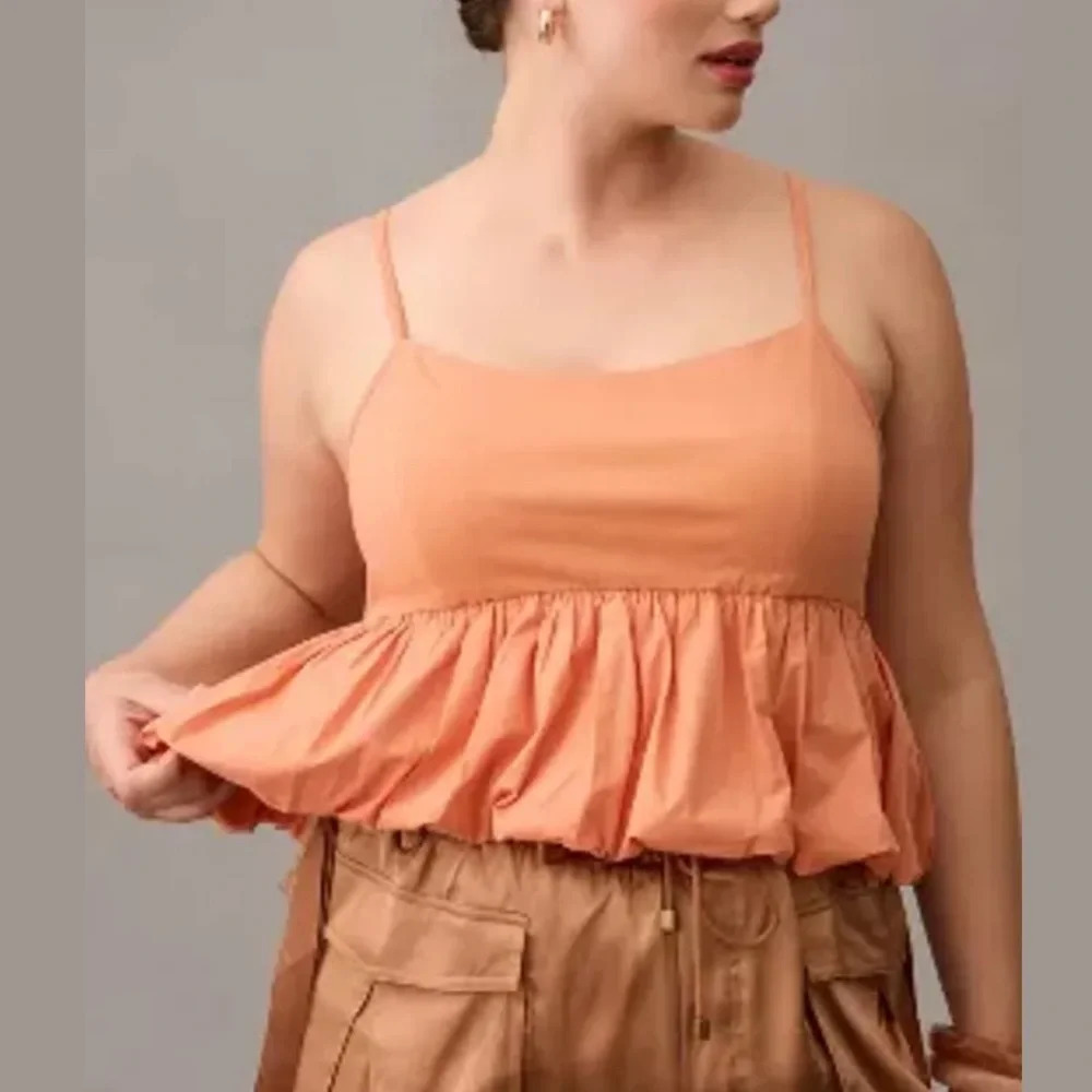 Anthropologie Maeve Ruffled Bubble-Hem Cropped Tank‎ Top Orange Medium